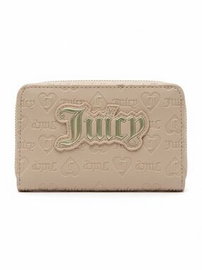 Juicy Couture Beige Embossed Logo Zip Wallet with Green Patch